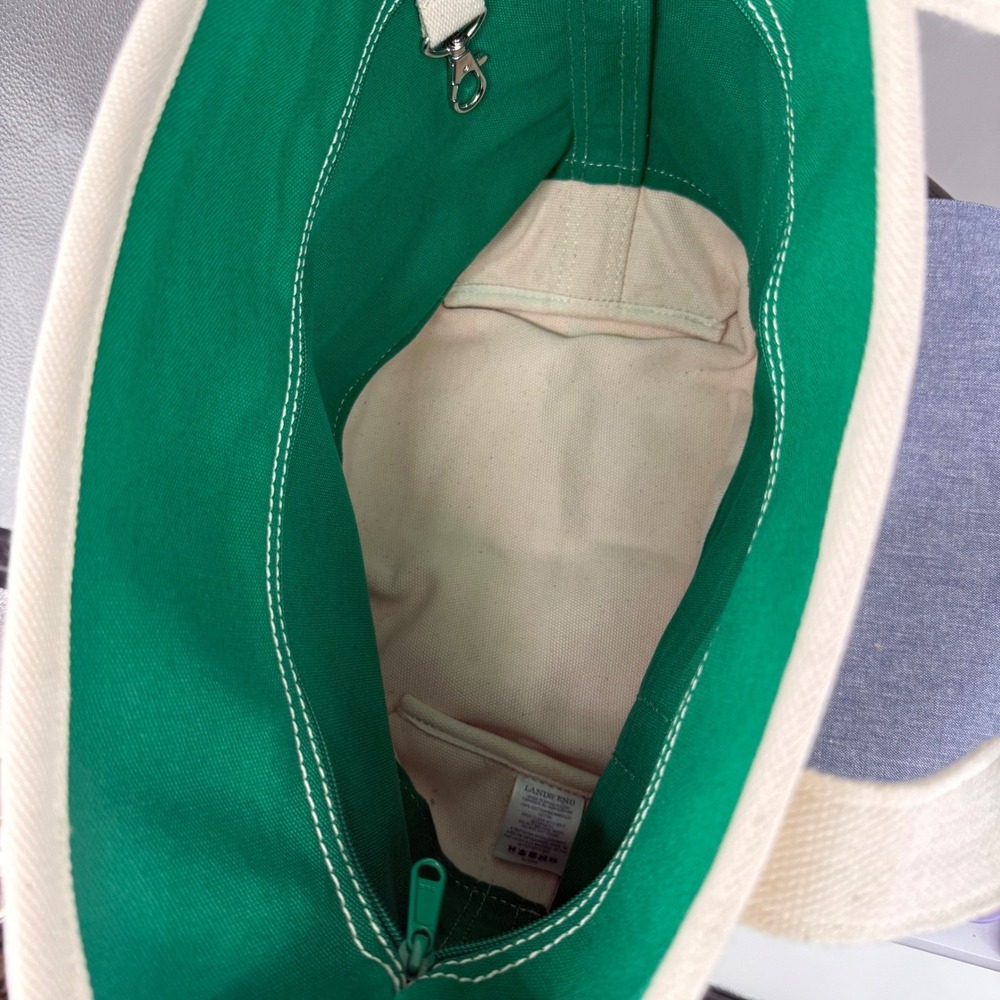 Lands End Medium Tote Bag 5 Pocket Zipper Green Natural Canvas *Has Embroidery - Picture 11 of 16